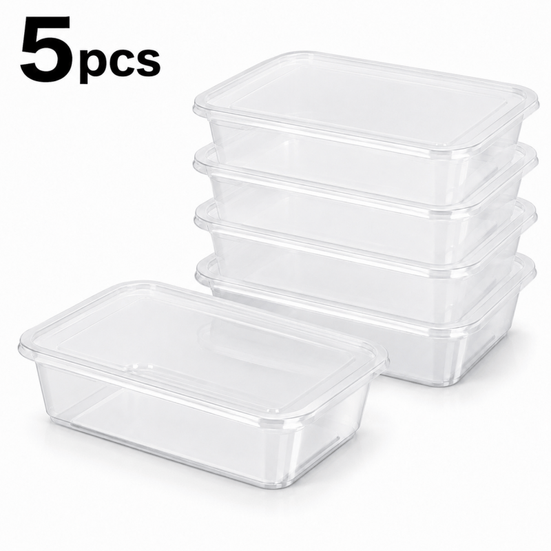 5 Pack 650mL Plastic Food Containers Stackable Clear Reusable Food Storage Boxes with Lids for Lunch, Leftovers, Fruit